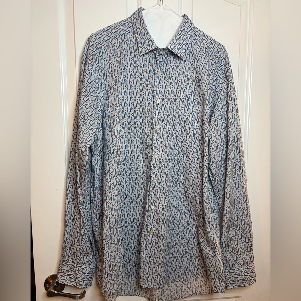 EUC ETRO Italy Men's Cotton Shirt light blue with multicolored parrots size XL